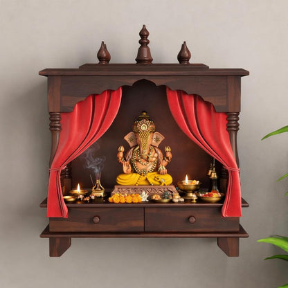 Wall Mounted Wooden Temple for Home | Solid Sheesham Wood Pooja Mandir with 2 Drawers | Walnut Finish