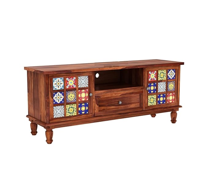Nest Honest Solid sheesham Wood tv Unit 1 Drawer 2 Door Cabinet Natural Teak Finish Colour Brown