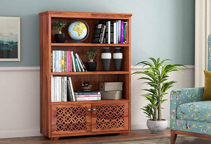 NESTHONEST Wooden Book Shelf for Living Room | Open Bookcases with 3 Shelf & 2 Doors Cabinet Storage | Display Unit for Home Furniture | Solid Wood Sheesham, Honey Oak