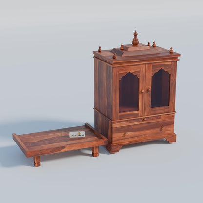 Solid Sheesham Wood Temple for Home with Glass Doors | Wooden Pooja Mandir with Drawer, Storage & Chouki | Honey Finish