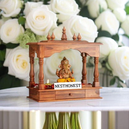 Wall Mounted Solid Sheesham Wood Temple for Home with 1 Drawer | Wooden Pooja Mandir | Honey Finish