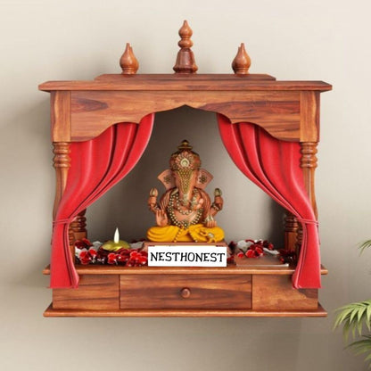 Wall Mounted Solid Sheesham Wood Temple for Home with 1 Drawer | Wooden Pooja Mandir | Honey Finish