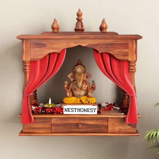 Wall Mounted Solid Sheesham Wood Temple for Home with 1 Drawer | Wooden Pooja Mandir | Honey Finish