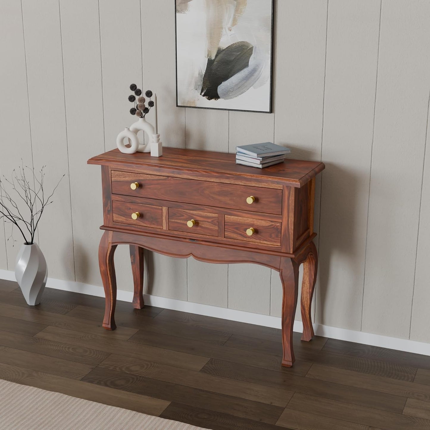 Nest Honest Wooden Console Table for Living Room | Solid Wood Side Entrance Table for Home with 4 Drawers & Shelf Storage (Natural Finish)