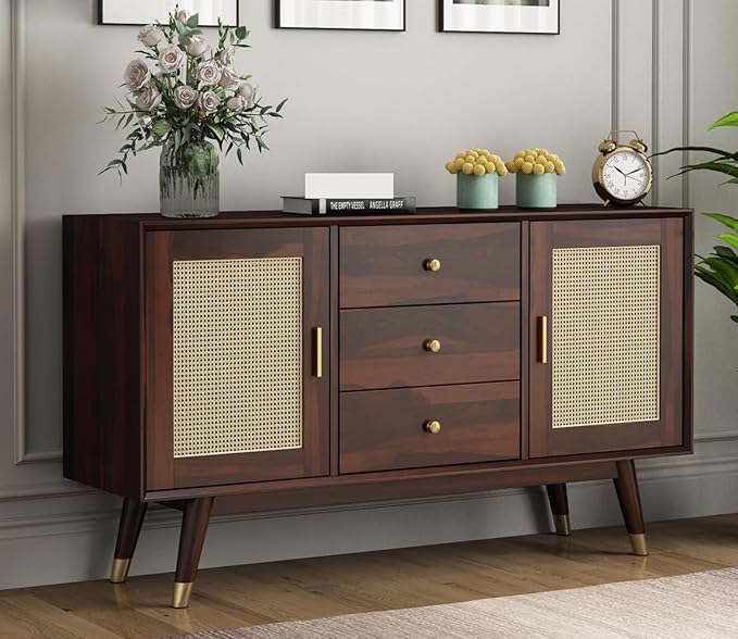 Nest Honest Solid Sheesham Wood Wooden Sideboard Storage Cabinet : Ideal for Living Room and Bedroom with 3 Drawers and 4-Shelf Storage (Iriana, Walnut Finish)