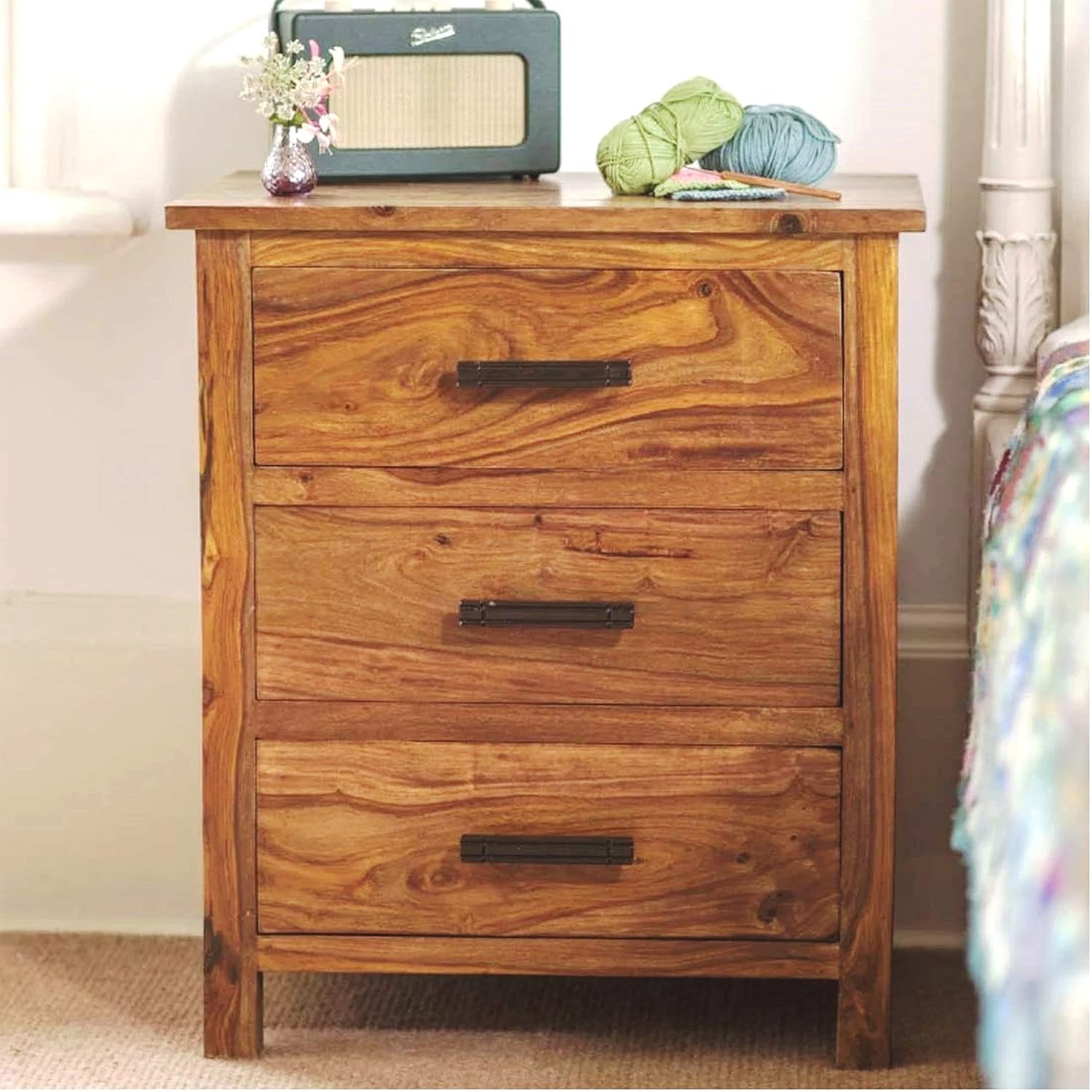 NESTHONEST Solid Sheesham Wood Bedside Table for Bedroom | Wooden Bed Side Nightstand End Table with 2 Drawers Storage for Home | Traditional Side Table for Bed Room & Hotel | Honey Finish