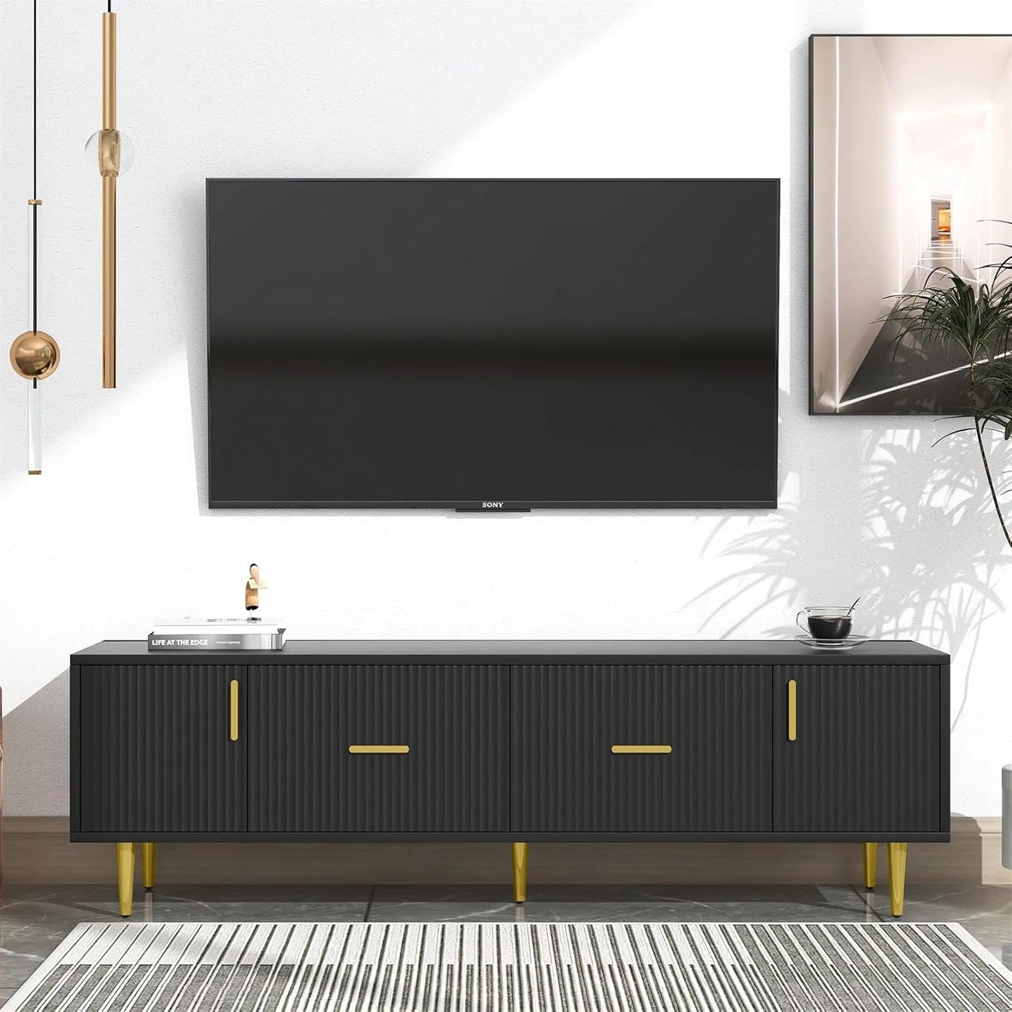 Wooden Entertainment TV Unit Solid Wood Sheesham Iron Black Golden for Living Room