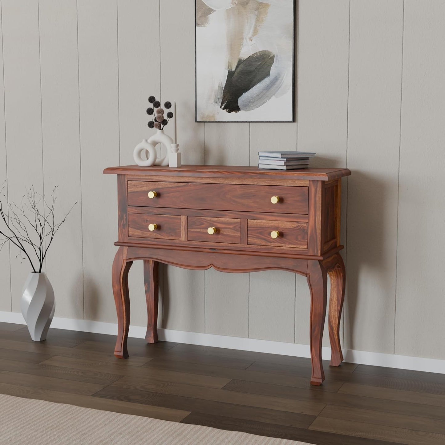 Nest Honest Wooden Console Table for Living Room | Solid Wood Side Entrance Table for Home with 4 Drawers & Shelf Storage (Natural Finish)