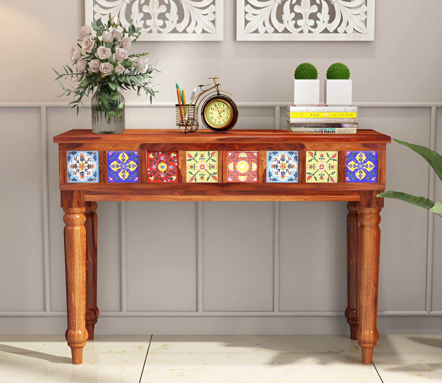 Nest Honest Solid Sheesham Wooden Console Table Enterace Console Table Honey Finish Living Room, Bedroom, Wooden Console Table, 2 Drawers, Storage, Hall, Home Furniture