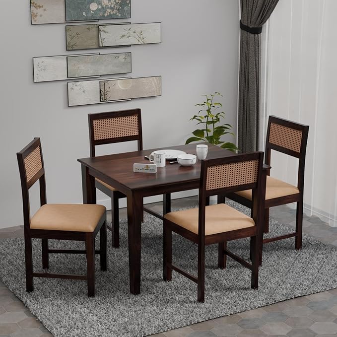 NESTHONEST Solid Sheesham Wood 4 Seater Dining Table Set | Four Seater Dinner Table with 4 Chairs | Size: 45x35x30 Inch | Dinning Table Set 4 Seater for Living Room, Office, Cafeteria | Walnut Finish