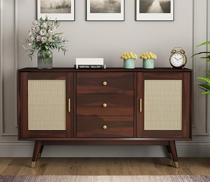Nest Honest Solid Sheesham Wood Wooden Sideboard Storage Cabinet : Ideal for Living Room and Bedroom with 3 Drawers and 4-Shelf Storage (Iriana, Walnut Finish)