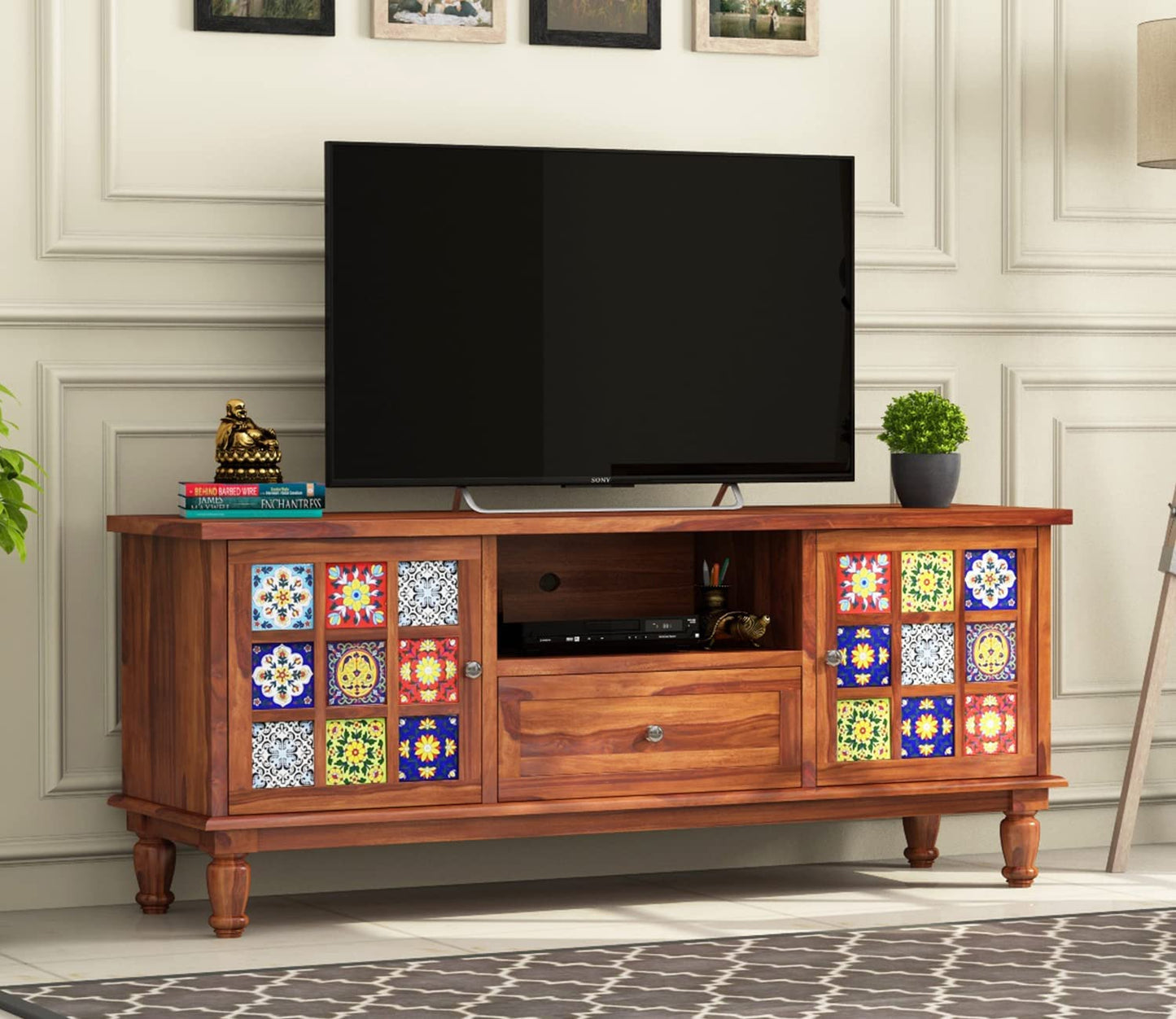 Nest Honest Solid sheesham Wood tv Unit 1 Drawer 2 Door Cabinet Natural Teak Finish Colour Brown