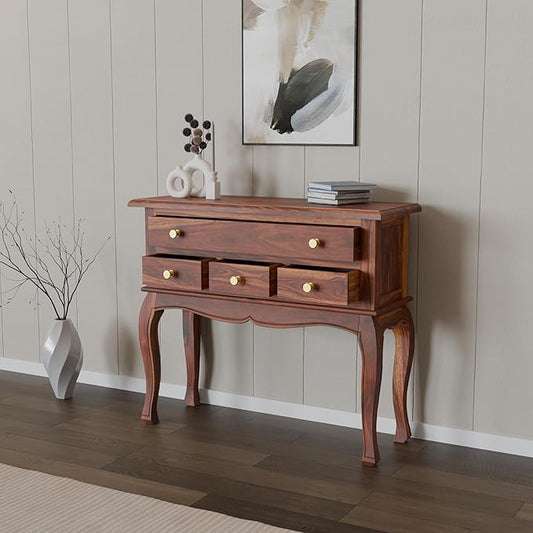 Nest Honest Wooden Console Table for Living Room | Solid Wood Side Entrance Table for Home with 4 Drawers & Shelf Storage (Natural Finish)