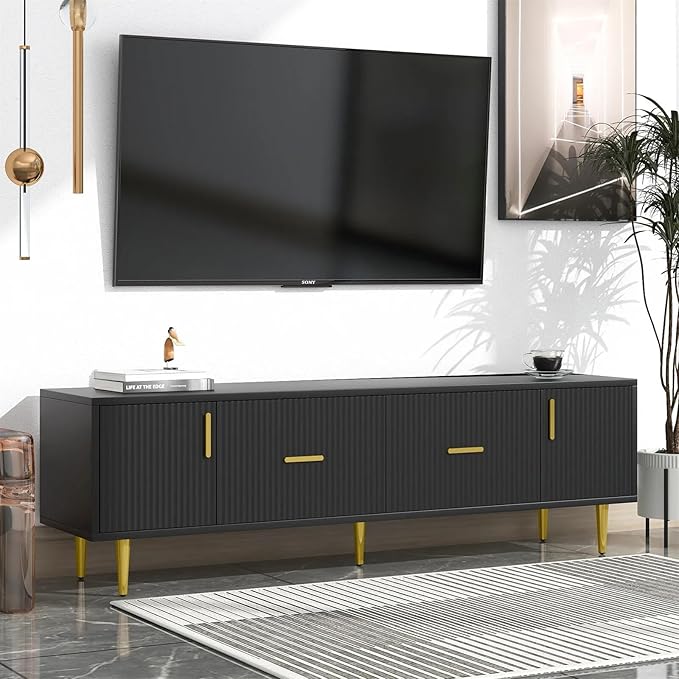 Wooden Entertainment TV Unit Solid Wood Sheesham Iron Black Golden for Living Room