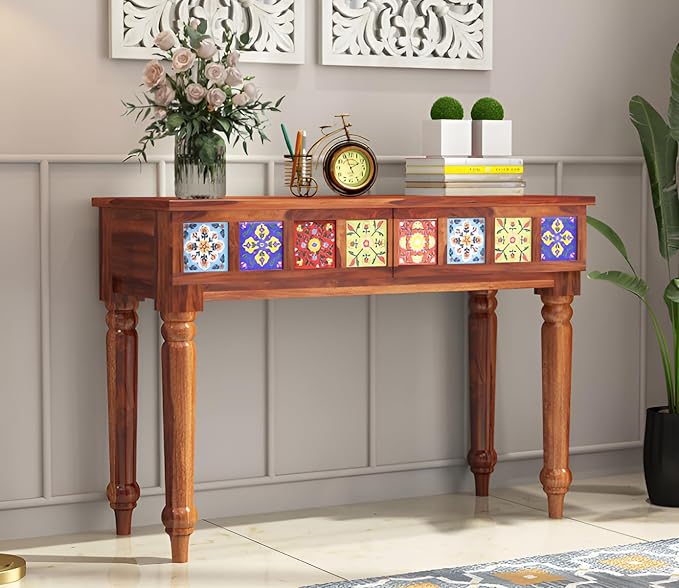 Nest Honest Solid Sheesham Wooden Console Table Enterace Console Table Honey Finish Living Room, Bedroom, Wooden Console Table, 2 Drawers, Storage, Hall, Home Furniture