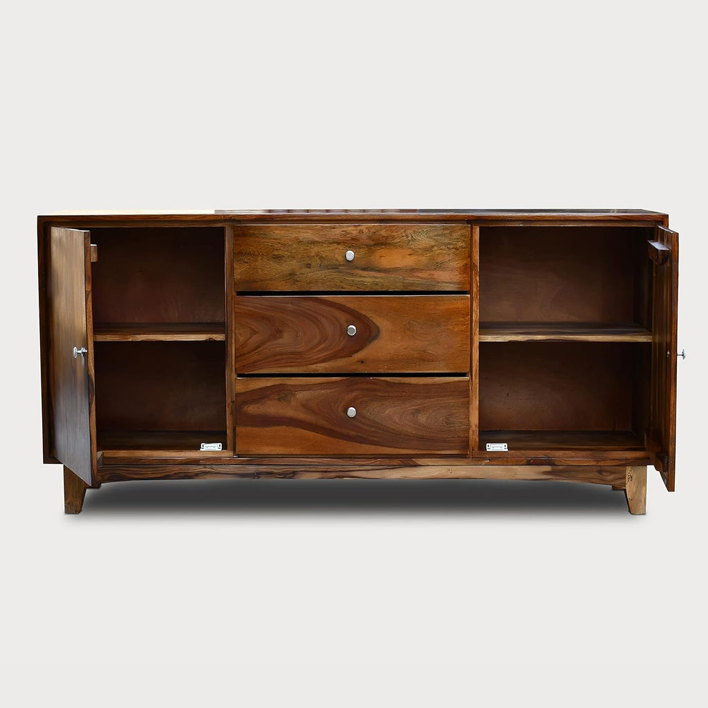 Nest Honest Solid Sheesham Wood Sideboard Tv Cabinet for Living Room | Free Standing Movable Tv Unit Side Board Table with 3 Drawer & 2 Cabinet Storage Furniture for Home | Teak Finish