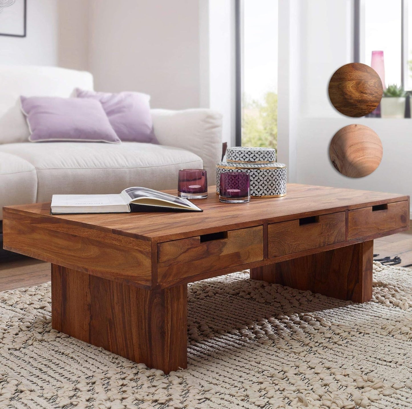Nest Honest Wooden Centre/Center Table for Living Room | Rectangle Design, 3 Drawer | Solid Wood Sheesham, Natural