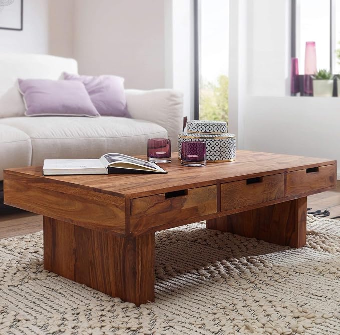 Nest Honest Wooden Centre/Center Table for Living Room | Rectangle Design, 3 Drawer | Solid Wood Sheesham, Natural