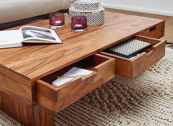 Nest Honest Wooden Centre/Center Table for Living Room | Rectangle Design, 3 Drawer | Solid Wood Sheesham, Natural