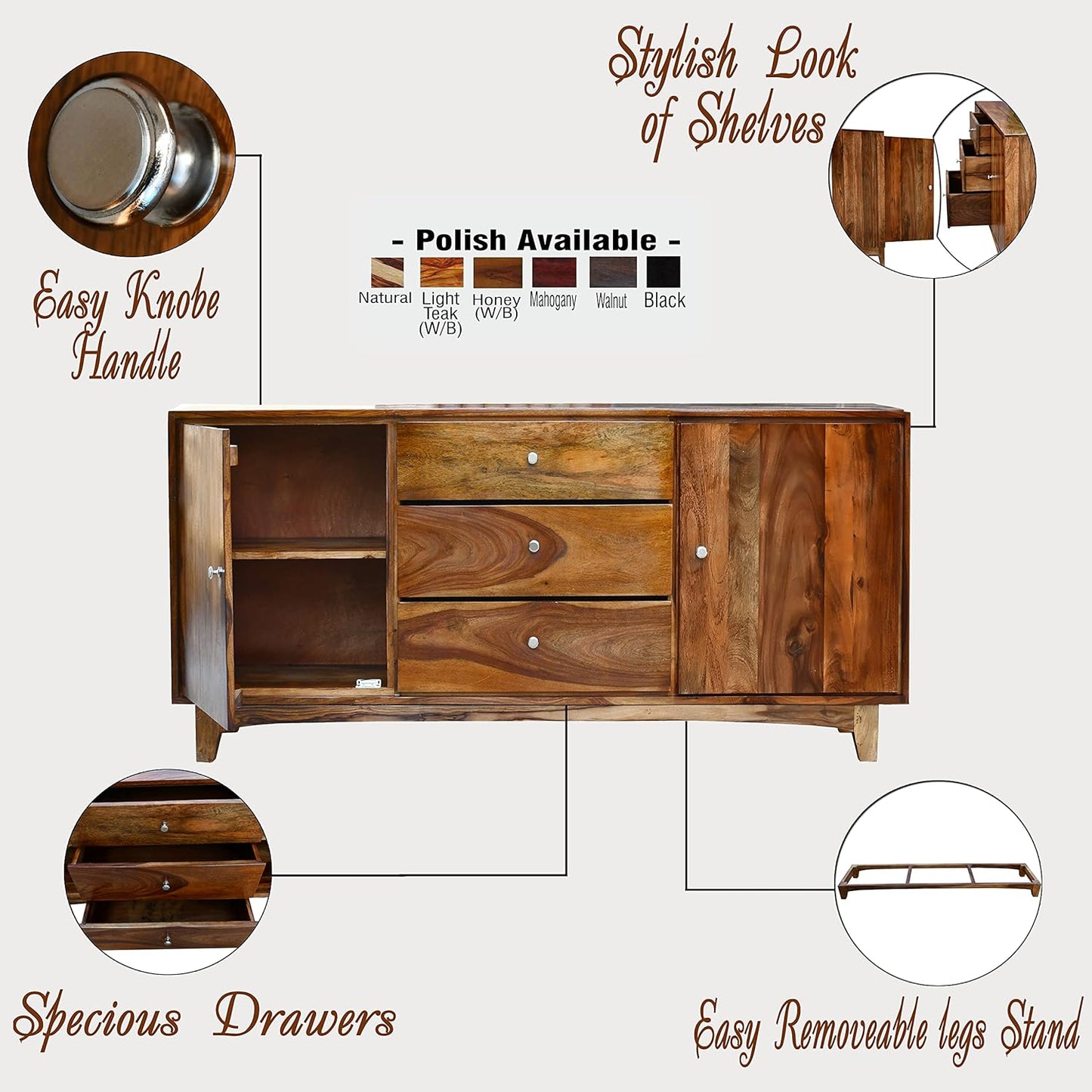 Nest Honest Solid Sheesham Wood Sideboard Tv Cabinet for Living Room | Free Standing Movable Tv Unit Side Board Table with 3 Drawer & 2 Cabinet Storage Furniture for Home | Teak Finish