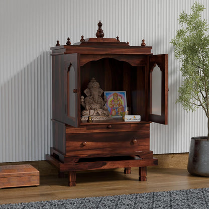 Solid Sheesham Wood Temple for Home with Glass Doors | Wooden Pooja Mandir with Drawer, Storage & Chouki | Walnut Finish
