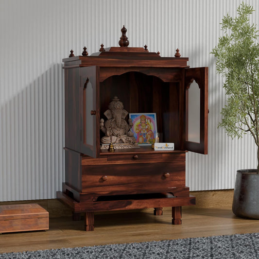 Solid Sheesham Wood Temple for Home with Glass Doors | Wooden Pooja Mandir with Drawer, Storage & Chouki | Walnut Finish