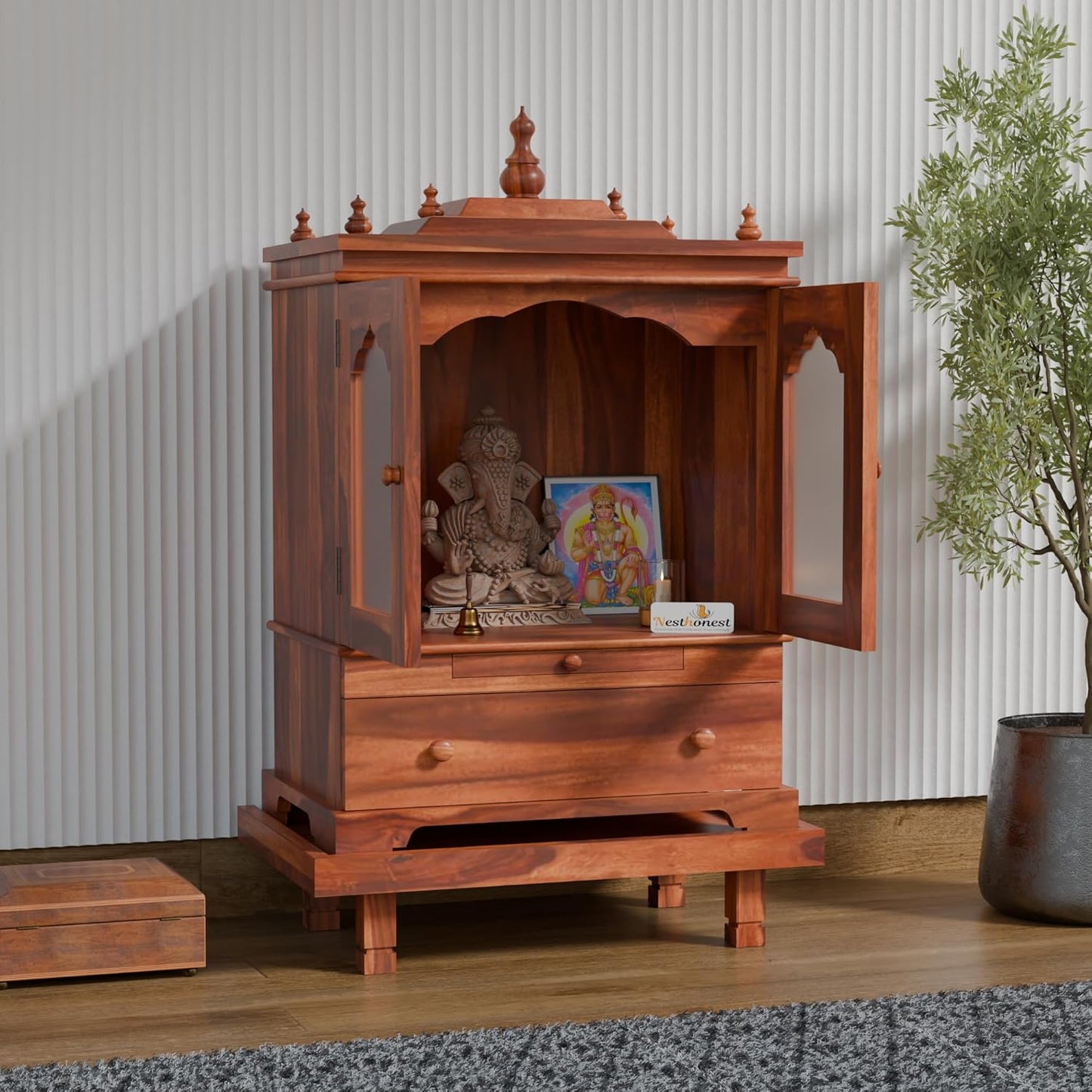 Solid Sheesham Wood Temple for Home with Glass Doors | Wooden Pooja Mandir with Drawer, Storage & Chouki | Honey Finish