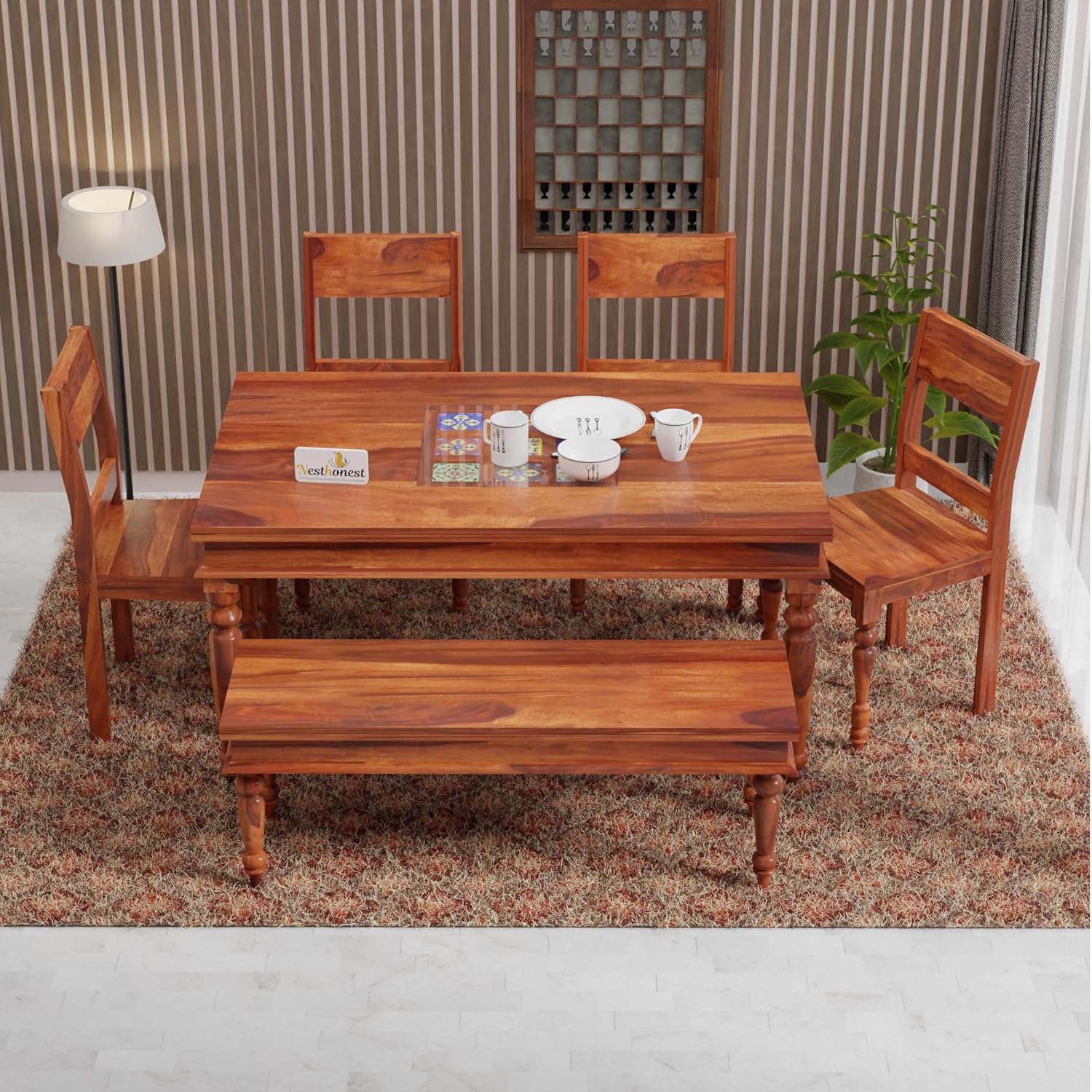 NESTHONEST Wooden 6 Seater Dining Table Set with Tile Work | Six Seater Dinning Table with 4 Chairs & 1 Bench | Dining Room Furniture for Home, Kitchen & Restaurant | Solid Wood Sheesham, Honey Finish