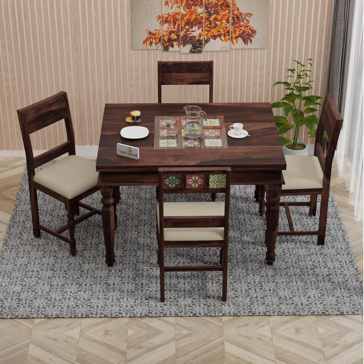 NESTHONEST King Size Glass Top Dining Table 4 Seater | Wooden 4 Seater Dining Table Set | 46Lx36Wx30H | Four Seater Dinner Table with Cushion Chairs &...