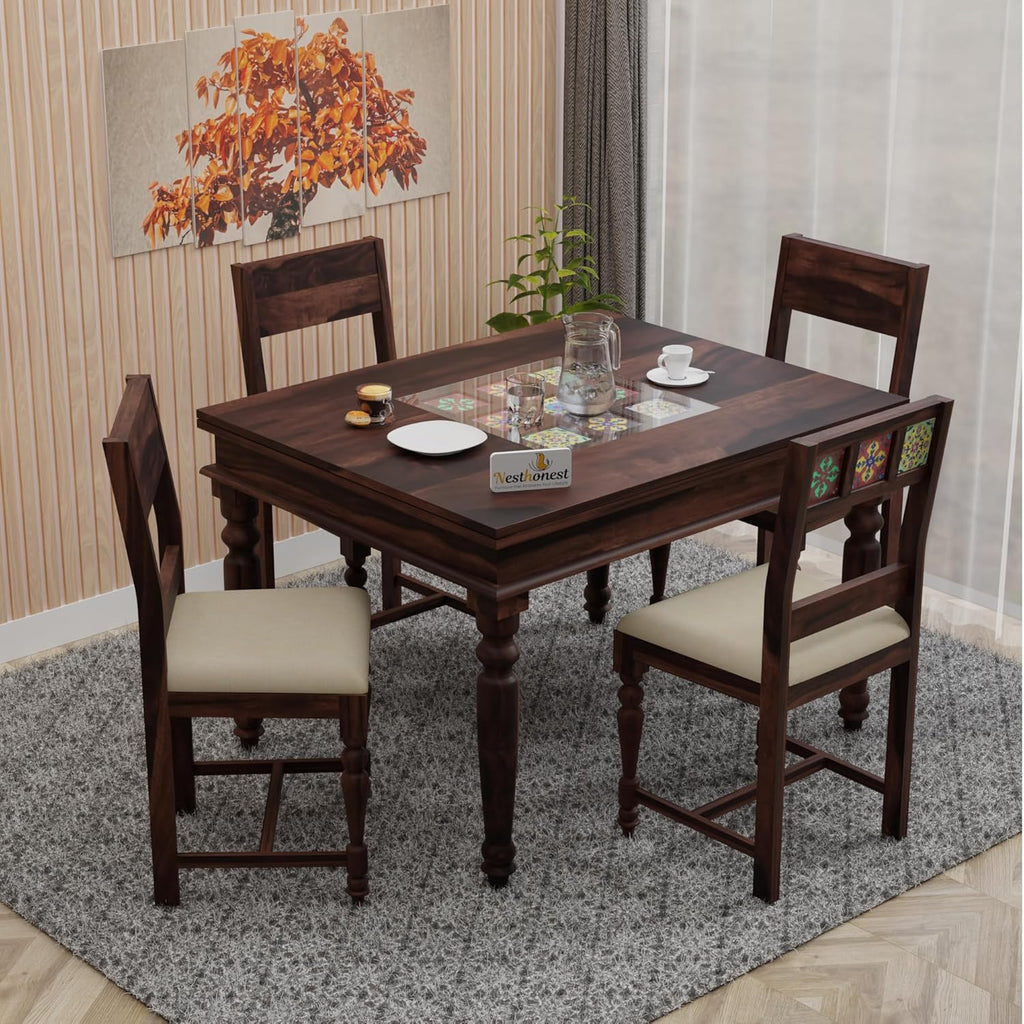 NESTHONEST King Size Glass Top Dining Table 4 Seater | Wooden 4 Seater Dining Table Set | 46Lx36Wx30H | Four Seater Dinner Table with Cushion Chairs &...