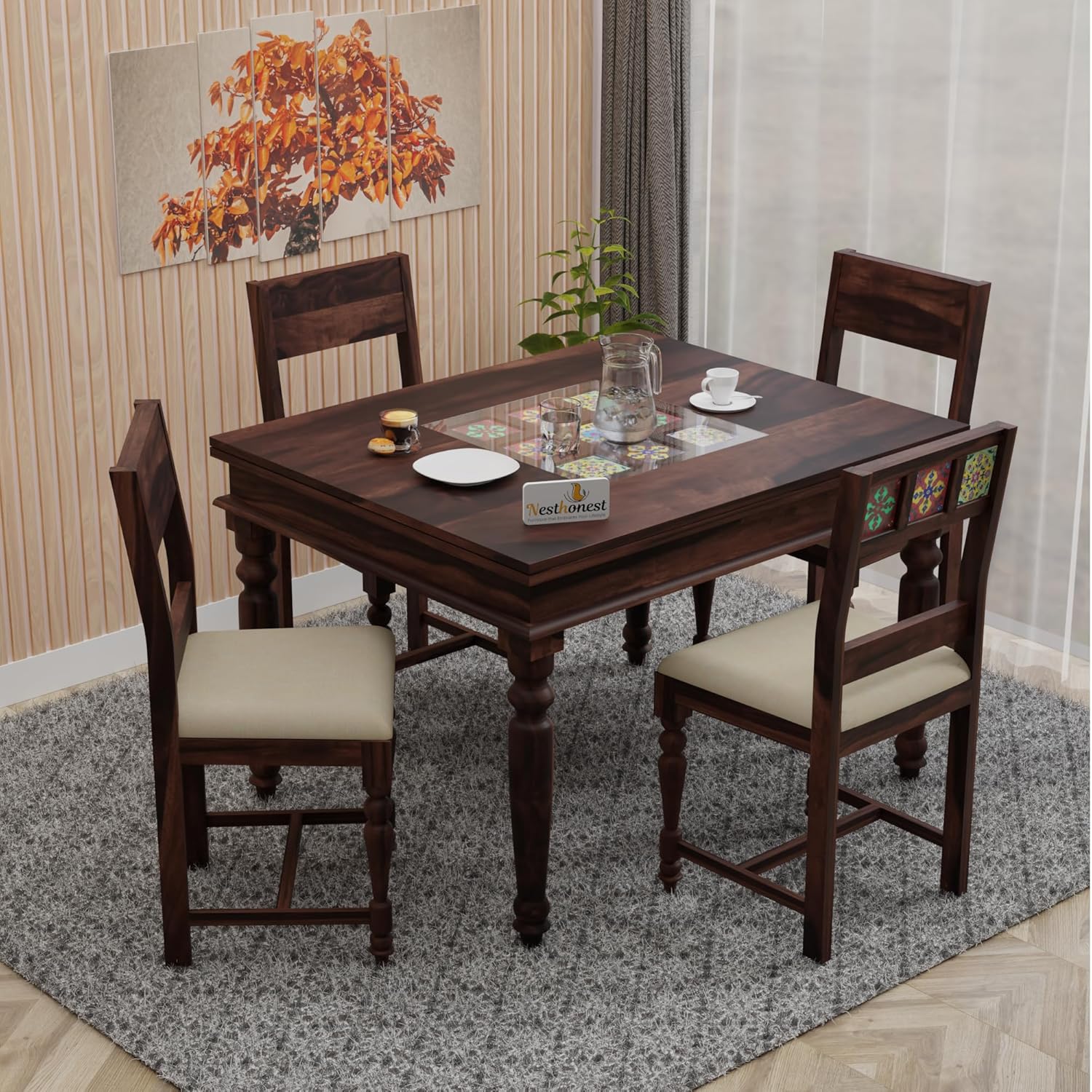 NESTHONEST King Size Glass Top Dining Table 4 Seater | Wooden 4 Seater Dining Table Set | 46Lx36Wx30H | Four Seater Dinner Table with Cushion Chairs &...