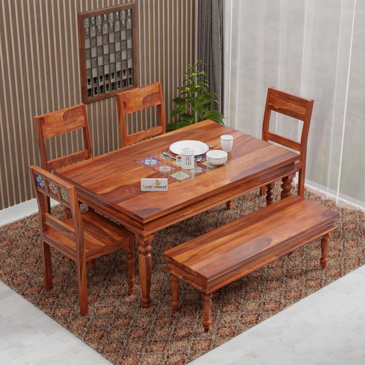 NESTHONEST Wooden 6 Seater Dining Table Set with Tile Work | Six Seater Dinning Table with 4 Chairs & 1 Bench | Dining Room Furniture for Home, Kitchen & Restaurant | Solid Wood Sheesham, Honey Finish